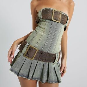 Jaded London Strapless Belted Mini Dress - Green and Brown